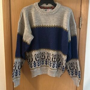 Peter Werth Vintage Fair Isle Crew Neck Tulip Sweater Blue Tan Size Medium